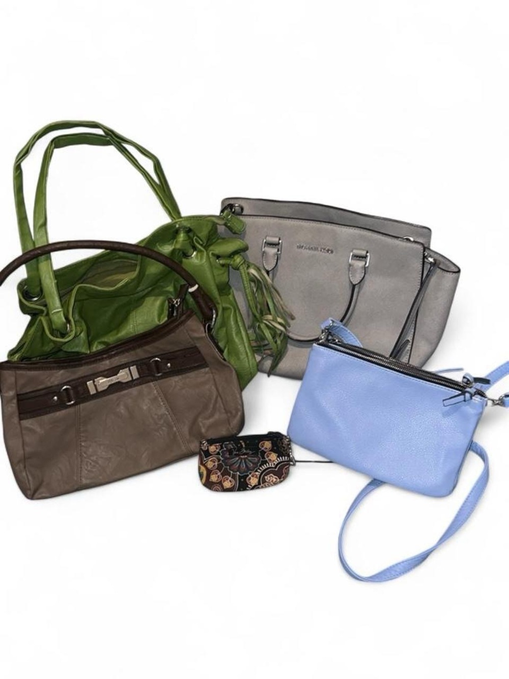 Michael Kors Gray Satchel with Blue Crossbody, Green Tote & Brown Shoulder Bag